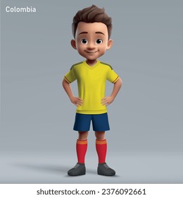 3d cartoon cute young soccer player in national team Colombia kit. Football team jersey