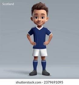 3d cartoon cute young soccer player in Scotland national team kit. Football team jersey