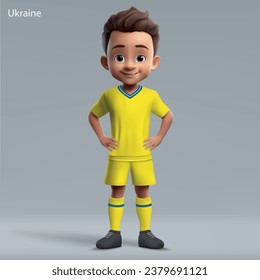 3d cartoon cute young soccer player in Ukraine national team kit. Football team jersey
