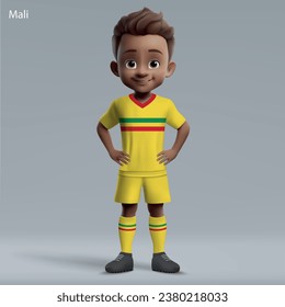 3d cartoon cute young soccer player in Mali national team kit. Football team jersey