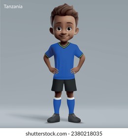 3d cartoon cute young soccer player in Tanzania national team kit. Football team jersey