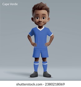 3d cartoon cute young soccer player in Cape Verde national team kit. Football team jersey