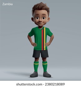 3d cartoon cute young soccer player in Zambia national team kit. Football team jersey