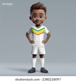 3d cartoon cute young soccer player in Senegal national team kit. Football team jersey