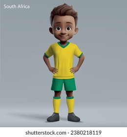 3d cartoon cute young soccer player in South Africa national team kit. Football team jersey