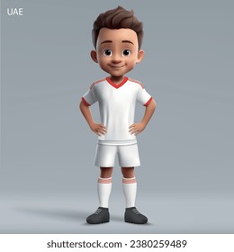 3d cartoon cute young soccer player in United Arab Emirates national team kit. Football team jersey