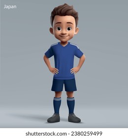 3d cartoon cute young soccer player in Japan national team kit. Football team jersey