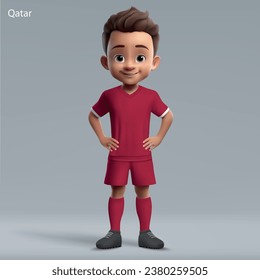 3d cartoon cute young soccer player in Qatar national team kit. Football team jersey