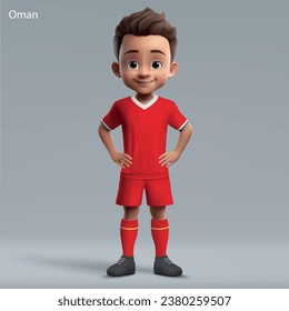 3d cartoon cute young soccer player in Oman national team kit. Football team jersey