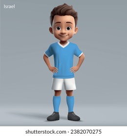 3d cartoon cute young soccer player in Israel national team kit. Football team jersey