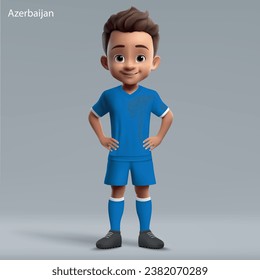 3d cartoon cute young soccer player in Azerbaijan national team kit. Football team jersey