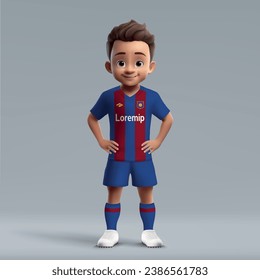 3d cartoon cute young soccer player in Barcelona style uniform. Football team jersey