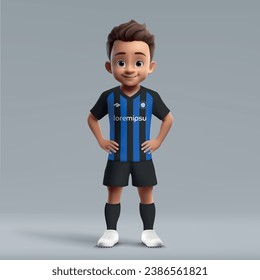 3d cartoon cute young soccer player in Inter style uniform. Football team jersey