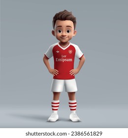 3d cartoon cute young soccer player in Arsenal style uniform. Football team jersey