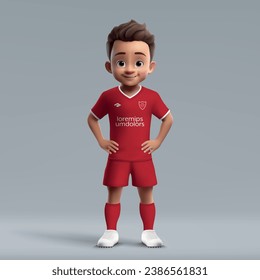 3d cartoon cute young soccer player in Liverpool style uniform. Football team jersey