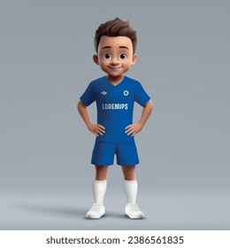 3d cartoon cute young soccer player in Chelsea style uniform. Football team jersey