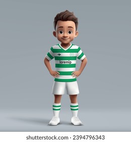 3d cartoon cute young soccer player in Celtic football uniform. Football team jersey