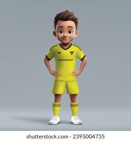 Caricatura 3d lindo joven futbolista con uniforme de futbol. Jersey del equipo de fútbol