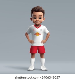 3d cartoon cute young soccer player in Leipzig football uniform. Football team jersey