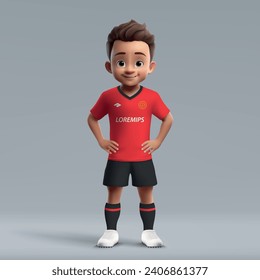 3d cartoon cute young soccer player in Mallorca football uniform. Football team jersey