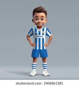 3d cartoon cute young soccer player in Real Sociedad football uniform. Football team jersey