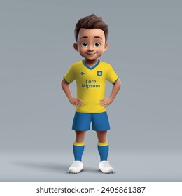 3d cartoon cute young soccer player in Las Palmas football uniform. Football team jersey