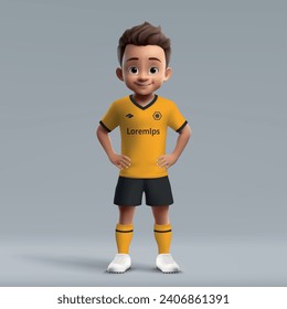 3d cartoon cute young soccer player in Wolverhampton football uniform. Football team jersey