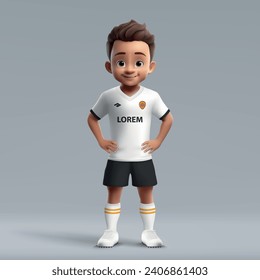 Caricatura 3d lindo joven futbolista con uniforme de futbol. Jersey del equipo de fútbol