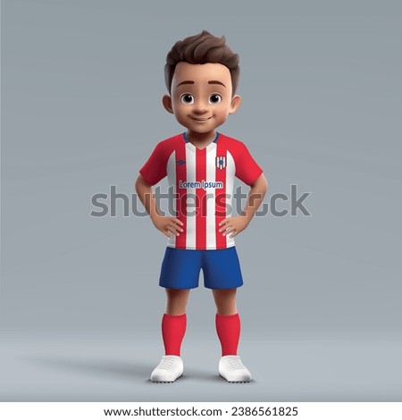 3d cartoon cute young soccer player in Atletico Madrid style uniform. Football team jersey