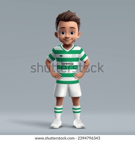3d cartoon cute young soccer player in Celtic football uniform. Football team jersey