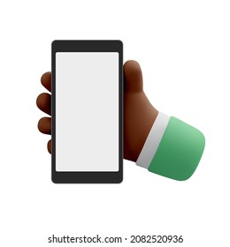 3D Cartoon dunkelhäutige Hand, die Smartphone hält. Vektorsymbol oder Muster nach oben. Realistische Illustration für soziale Medien