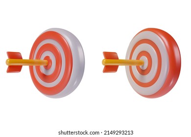 3d cartoon dart arrow hit on center isolated on white background. Minimal realistic design element. Sign concept for success business, strategy, marketing. Cute soft toy. Vector illustration.