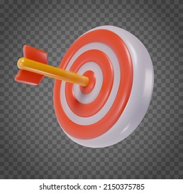 3d cartoon dart arrow hit on center isolated on transparent background. Minimal realistic design element. Sign concept for success business, strategy, marketing. Cute soft toy. Vector illustration.