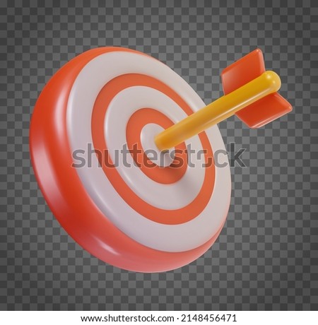 3d cartoon dart arrow hit on center isolated on transparent background. Minimal realistic design element. Sign concept for success business, strategy, marketing. Cute soft toy. Vector illustration.