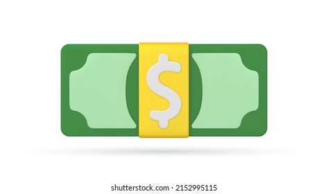 3D cartoon dollar bill.  Banknote dollar green cash.  Money saving, exchange, finance and budget concept. Vector 3d illustration 