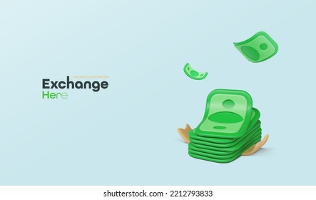 3d Cartoon Dollar Paper Bills Money Falling In Stack Vector Illustration. US Dollars Cash Back On Light Background. Money Exchange Banner Template.