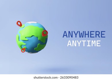 3D cartoon earth globe with simplified green continents and red location markers floating above a soft shadow, representing travel, global communication, and international connectivity banner