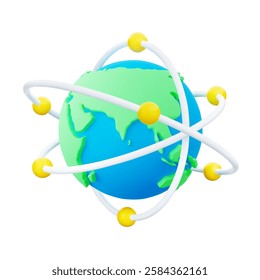 3d cartoon Earth with white orbits and yellow spheres for global connections, networking, communications or international business. Globe with green continents and blue ocean. 3d Vector illustration.