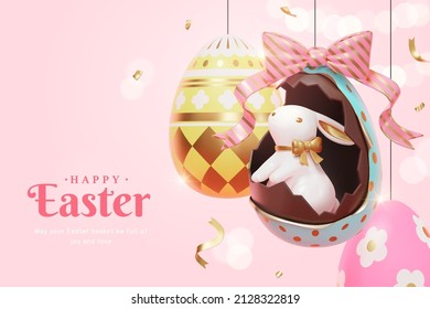 3d cartoon Easter holiday template with cute rabbit hiding in a hanging chocolate egg. Concept of Easter egg hunt.