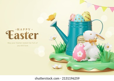3d cartoon Easter holiday template. Cute rabbit is holding an egg among green grass with a watering pot full of foiled eggs behind. Concept of spring egg hunt. - Shutterstock ID 2131196259