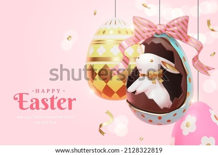 3d cartoon Easter holiday template with cute rabbit hiding in a hanging chocolate egg. Concept of Easter egg hunt.