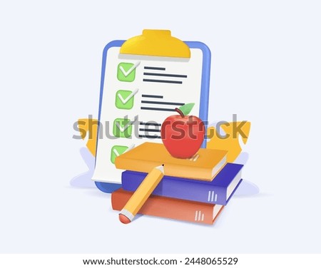 3D cartoon exam set. Digital Online Education Application learning world. Book lecture pencil, lamp and checklist. 3D vector Illustration