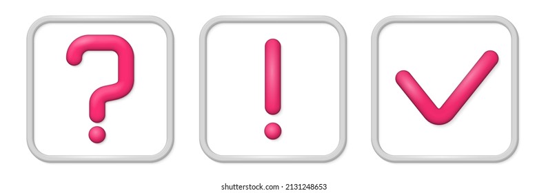 3D cartoon exclamation question and check mark icon. Online symbols set concept render symbol design. Web mobile app notification vector illustration