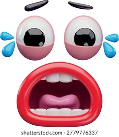 A 3D cartoon face with crying eyes, tears, eyebrows, and an open, screaming red mouth with teeth and tongue. Grief, shock, hysteria, epic, facial expressions, emoji. Character, sticker. Vector.