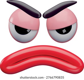 3D cartoon face with sad emotion. Serious eyes, mouth and eyebrows realistic vector 3D design. Facial suspicious expression of motion animation clay character. Emoji emoticon. Comic funny face element