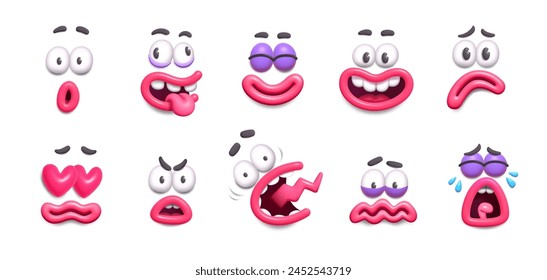 3d cartoon faces with funny emotions for mascot. Vector set of different facial expression of stop motion animation clay character. Smile, surprise, joy, crazy, love, sad and laughter