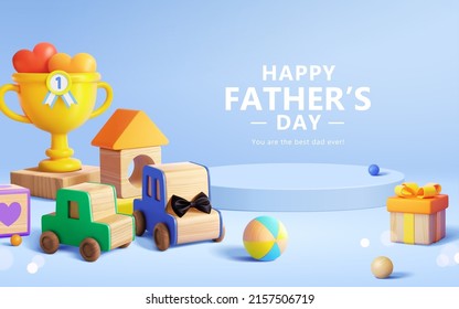 3d cartoon Father's Day graphic background. Composition of yellow trophy, wooden blocks and car toys. Best daddy concept. - Shutterstock ID 2157506719