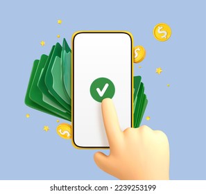 3D cartoon finger touching screen of smartphone with coins and dollar bills. Online payment concept. Mobile wallet application. Banking app. Transfer money via smartphone. Vector 3d illustration