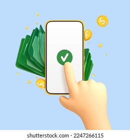 3D cartoon finger touching screen of smartphone with coins and dollar bills. Online payment concept. Mobile wallet application. Banking app. Transfer money via smartphone. Vector 3d illustration