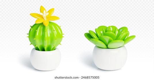 3d cartoon flowering cactus and succulent in white flowerpot. Vector illustration set of green home or office plants with yellow bloom in pot. Interior decoration elements. Minimal houseplant.